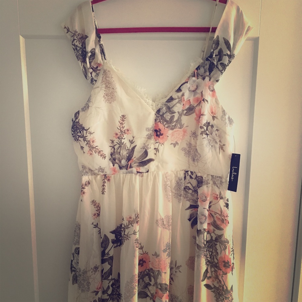 Floral print off-the-shoulder lace dress